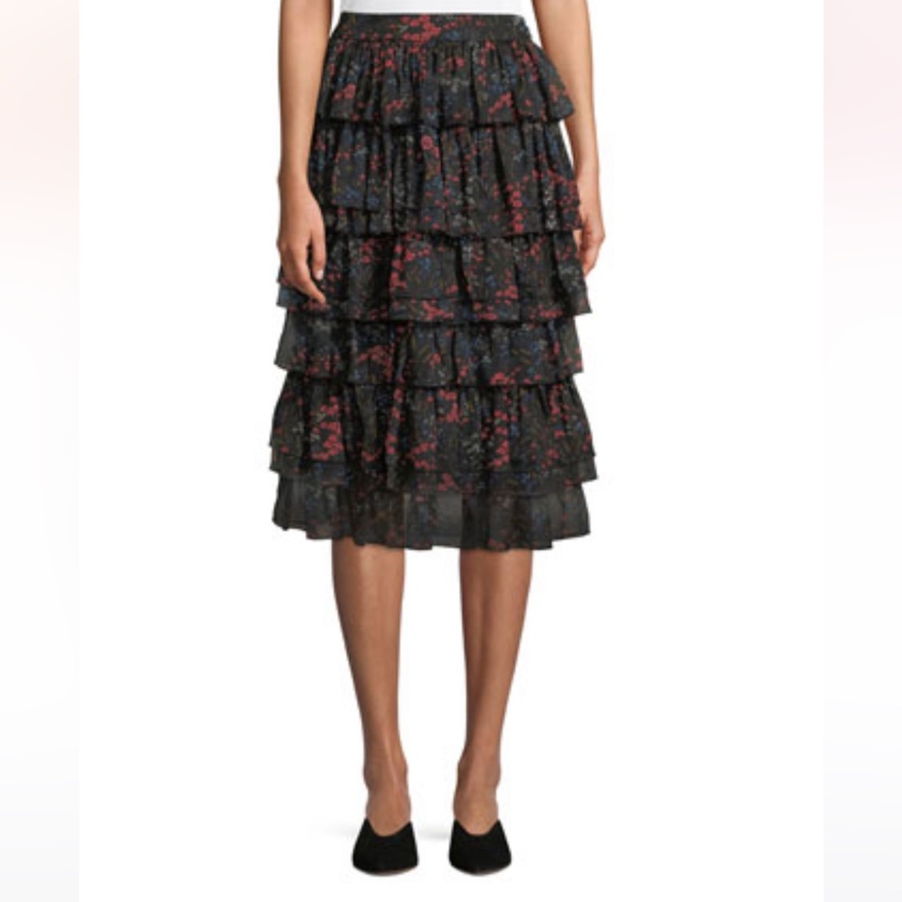 CO black tiered floral print silk chiffon skirt